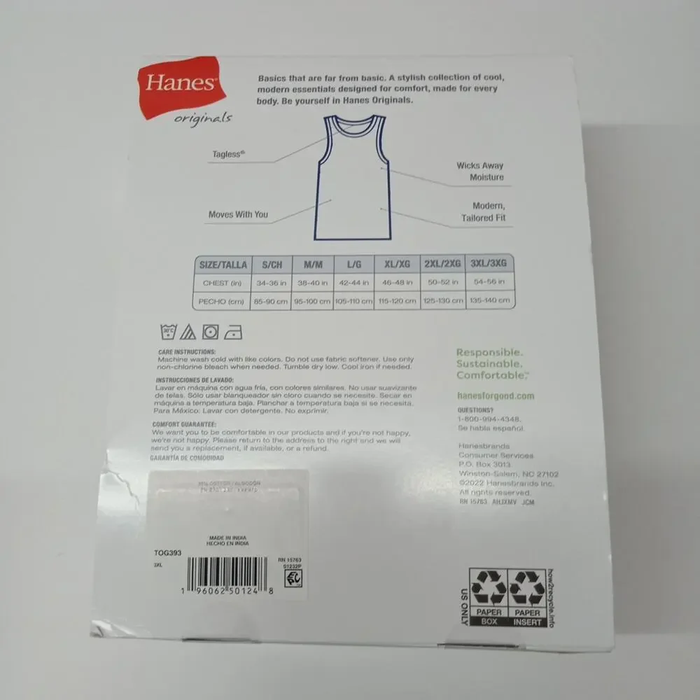Hanes Originals Men's Size 3XL Moisture-Wicking Stretch Cool Tank Top 3‎ Pack